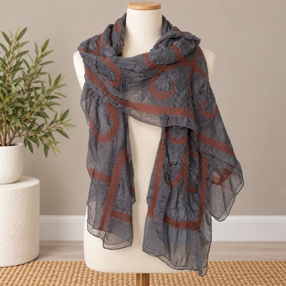 Scarf Grey Rust Orange Embroidered Crinkle Sheer Art to Wear 17"x88"